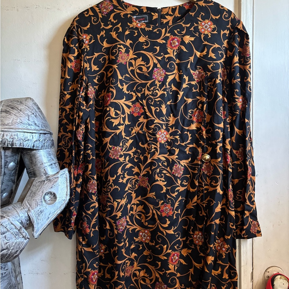 Vintage Floral Mini Dress - Black with Gold & Red Print